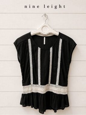 Nine 1 Eight Black Peplum Top with Crochet Trim – Size S